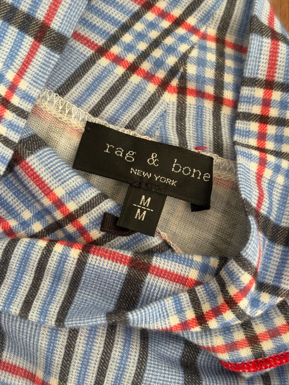 rag & bone Light Blue Plaid thin turtleneck tee with Red and Navy Stripes Med - Picture 4 of 6